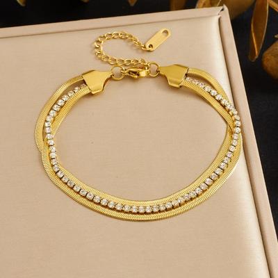 Gold Plated Double Layer Herringbone Bracelet, Stainless Steel CZ Tennis Chain Wrist Jewelry, Waterproof Dainty Bracelet for Women Gift