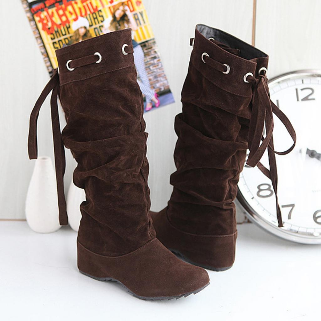 Spring and Autumn Fashion Ladies Inner Height Increase Frosted Leather Medium Boots Students Bow Wedge Heel Women's Shoes