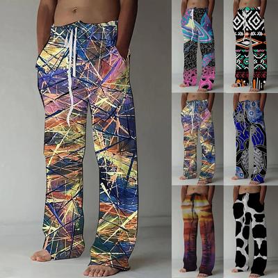 Men's Casual Loose And Comfortable Casual Pants Cotton Linen Printed Drawstring Trousers