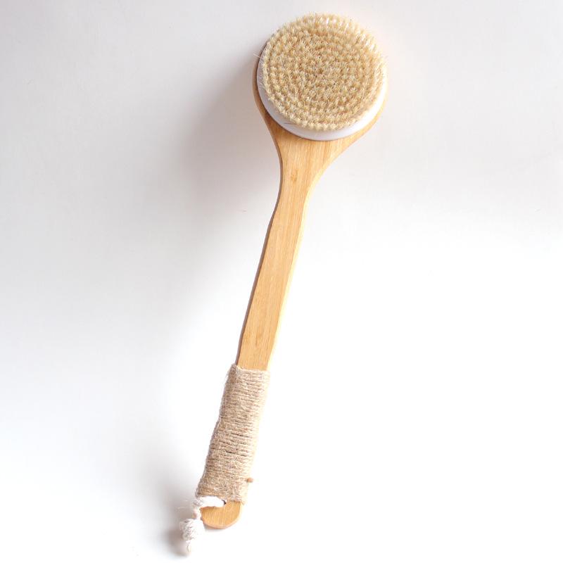 Natural Nanmu Bamboo Long Handle Bath Brush with Bristle for Back Scrubbing and Massaging