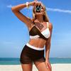 2Pcs/Set Women Bikini Set Quick-Drying Color Block Adjustable Spaghetti Straps Bikini Bra Sports Cut Mesh Skirt Bottoms Set Beach Swimwear