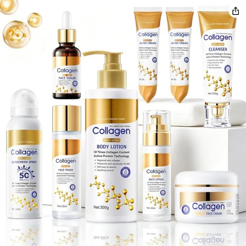 Set Skincare Rassodante Anti-Età al Collagene da 9 Pezzi per Uomini e Donne, Kit Cura Corpo e Viso al Collagene