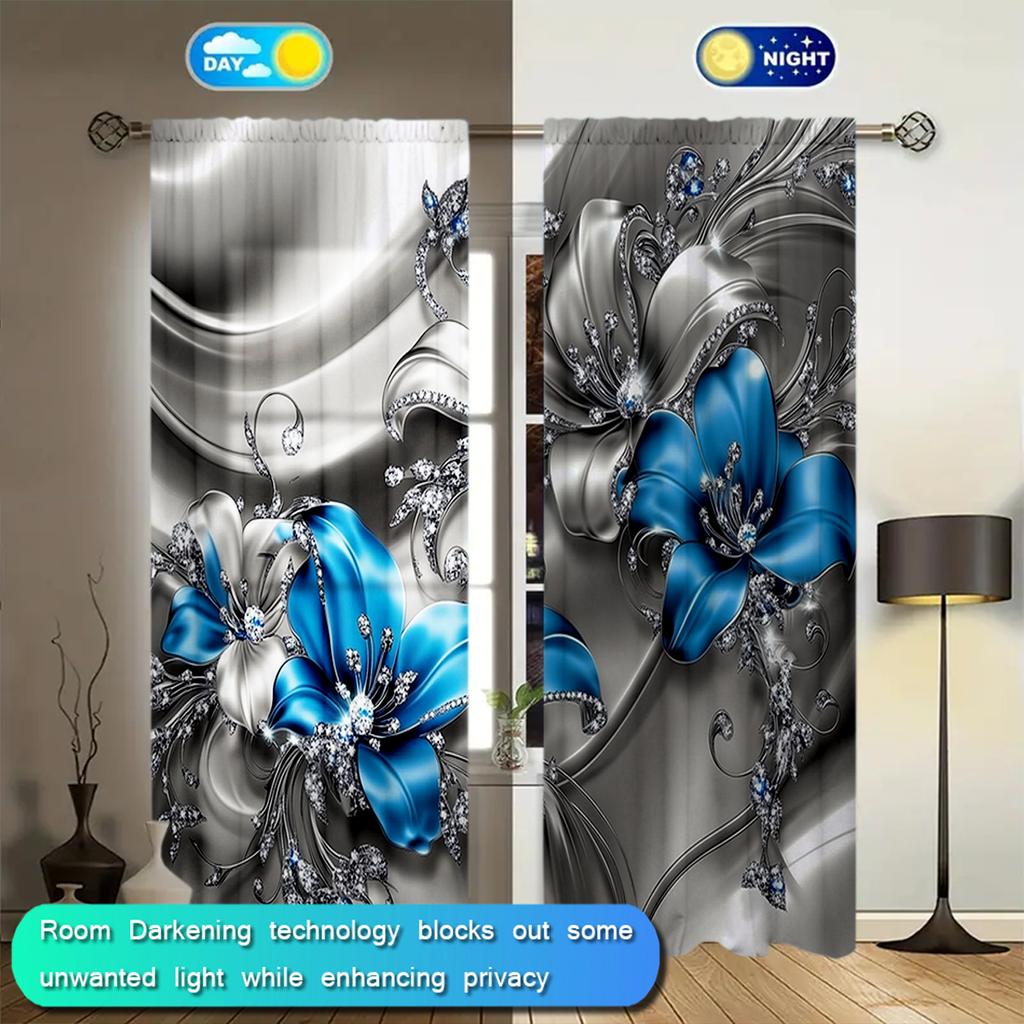 2pcs 3D Gorgeous Blue Jewelry Flower Printed Curtain for Home Decor - Rod Pocket Window Treatment for Bedroom, Office, Kitchen,