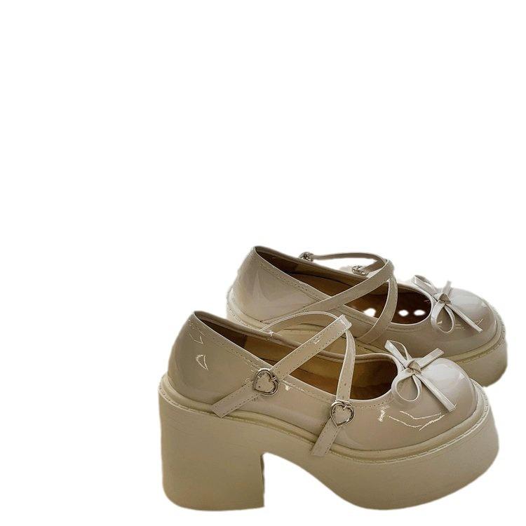 Mary Jane shoes women's autumn and winter new round head with Lolita high heel one-word buckle light mouth loafer single shoes