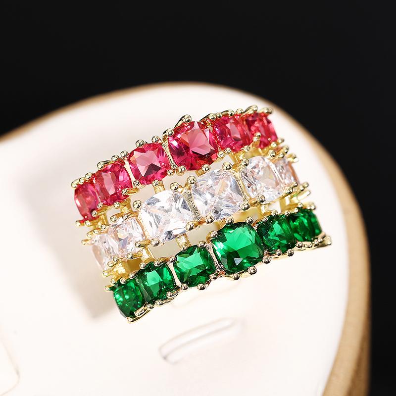 Huitan Three-layers Red/White/Green Cushion Cubic Zirconia Women Rings Luxury Gold Color Wedding Band Accessories Trendy Jewelry