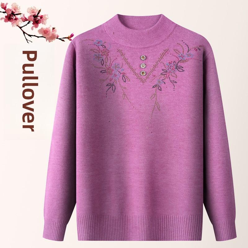 Mother's autumn and winter fleece-lined base shirt, middle-aged and elderly autumn clothing, winter warm sweater, women's top, ladies' knitwear