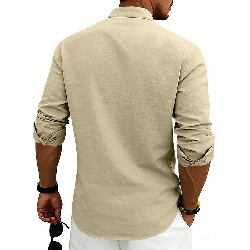 Mens Stand Collar Solid Color Loose Casual Long Sleeve Shirt