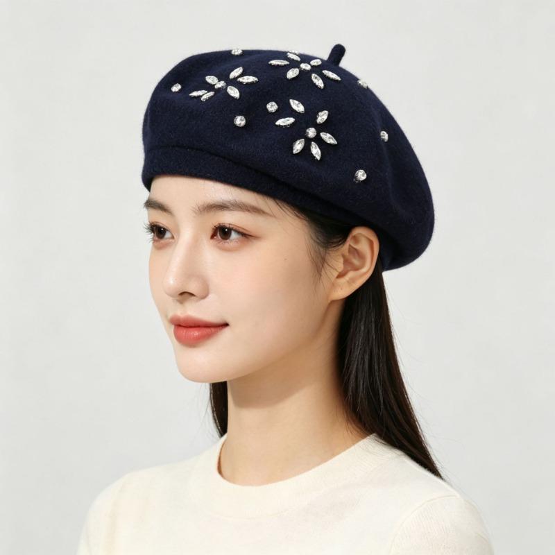 Vintage Wool Beret Flower Rhinestone Decor Women Autumn Winter Hat Multi Color