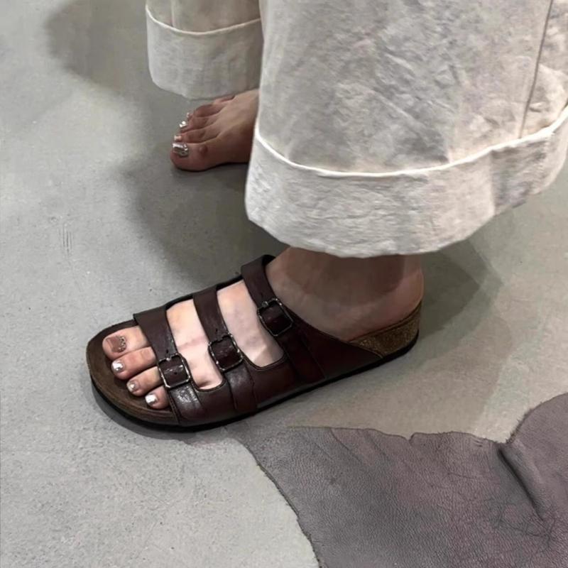 Fashion 2025 New High Quality Slip-on Belt Buckle Big Head Thick Heel Slippers Women's Retro Genuine Leather Round Toe Slippers