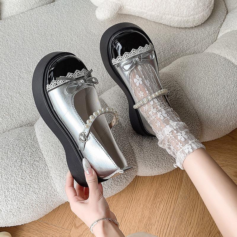 Pearl Bow Platform Small Leather Shoes Women's Summer New with Skirt Mary Jane Single Shoes