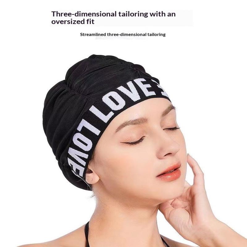 Women'S Pleated Swimming Cap With Love Print, Soft & Comfortable, Long Hair & Ear Protection For Adults, Non-Slip & Extra Large