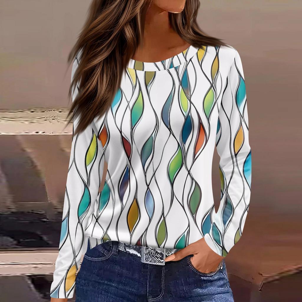 Women's Fashion Casual Slit Hem Round Neck Long Sleeve Loose Printed T-Shirt Ladies Top