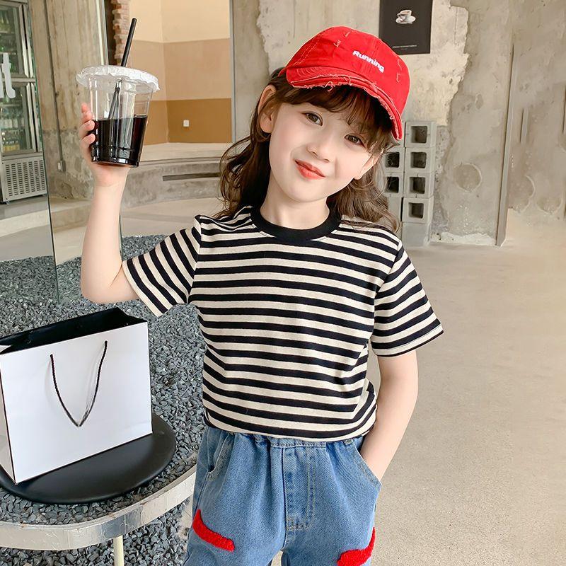 Girls' Short Sleeved T-shirt Striped Summer Children's Korean Summer Outfit Half Sleeved Girls' Thin Top T-shirt