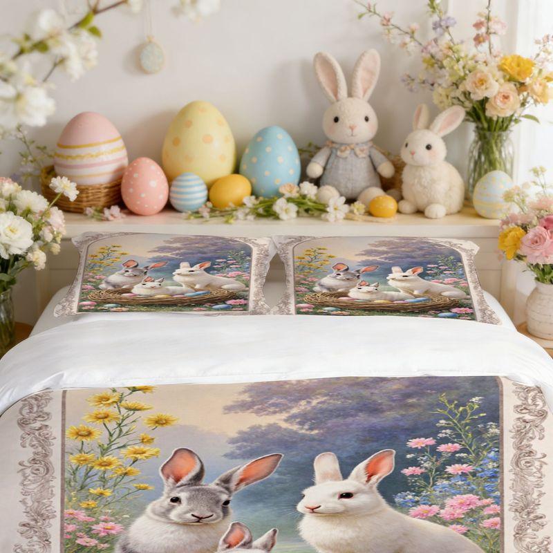 Bedding Pillowcase Quilt Cover 3-Piece Set,Rabbit And Colorful Egg Pattern,Easter Decoration