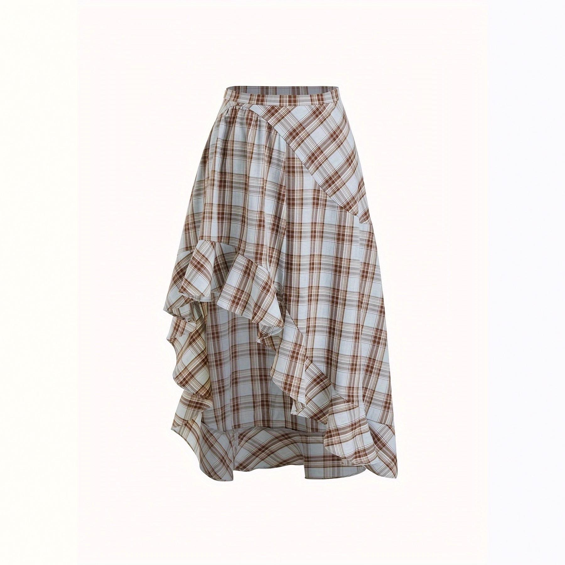 Women s Retro Plaid Ruffle Mid-Length Skirt with Irregular Hem L
