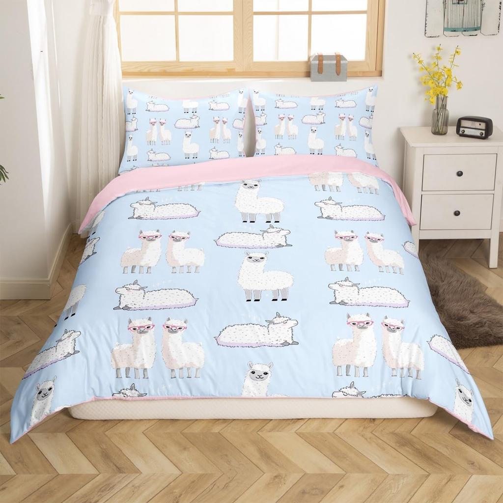 Alpacka Påslakan Queen King Size Tecknad Alpacka Sängkläder Set Lämpligt för Barn Tonårsflickor Sött Djurtryck Täckeöverdrag 3 Delar