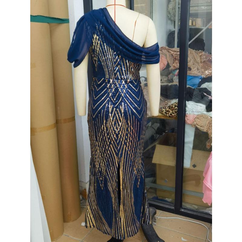 Womens One Shoulder Sequined Geometric Print Mermaid Evening Dress