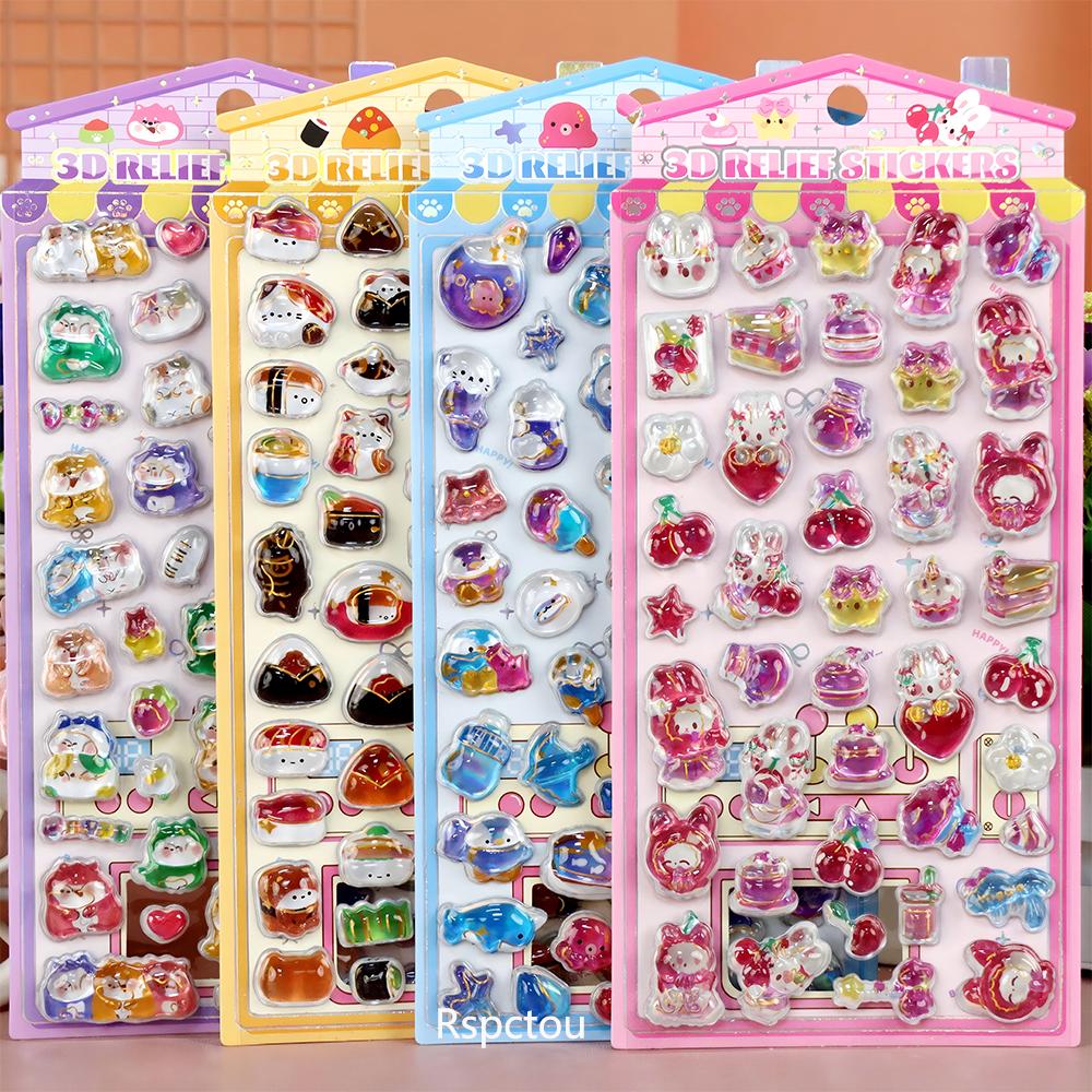 1pcs Cute Rabbit Bear Food Cartoon 3D Crystal Stickers Funny Marine Animals Three-dimensional Relief Decals for Notebook Phone