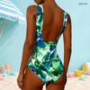 Women Plus Size High Round Neck Sleeveless Tropical Leaf Printed One Piece Swimsuit