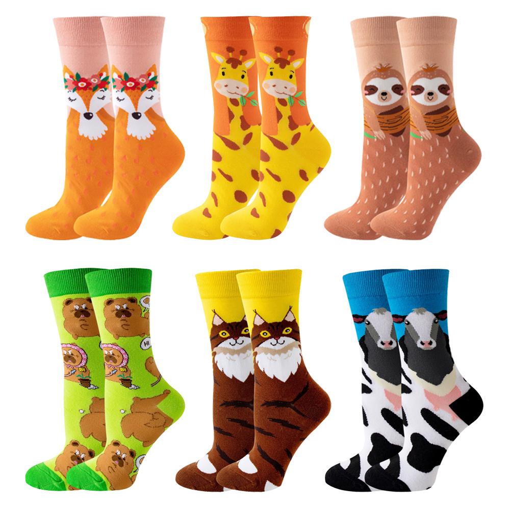 6 Paar Neue Mode Niedliche Fröhliche Mid-Tube Damen Socken Wassermelone Kirsche Katze Hund Flamingo Kuh Lieblich Lässig Lustige Socken