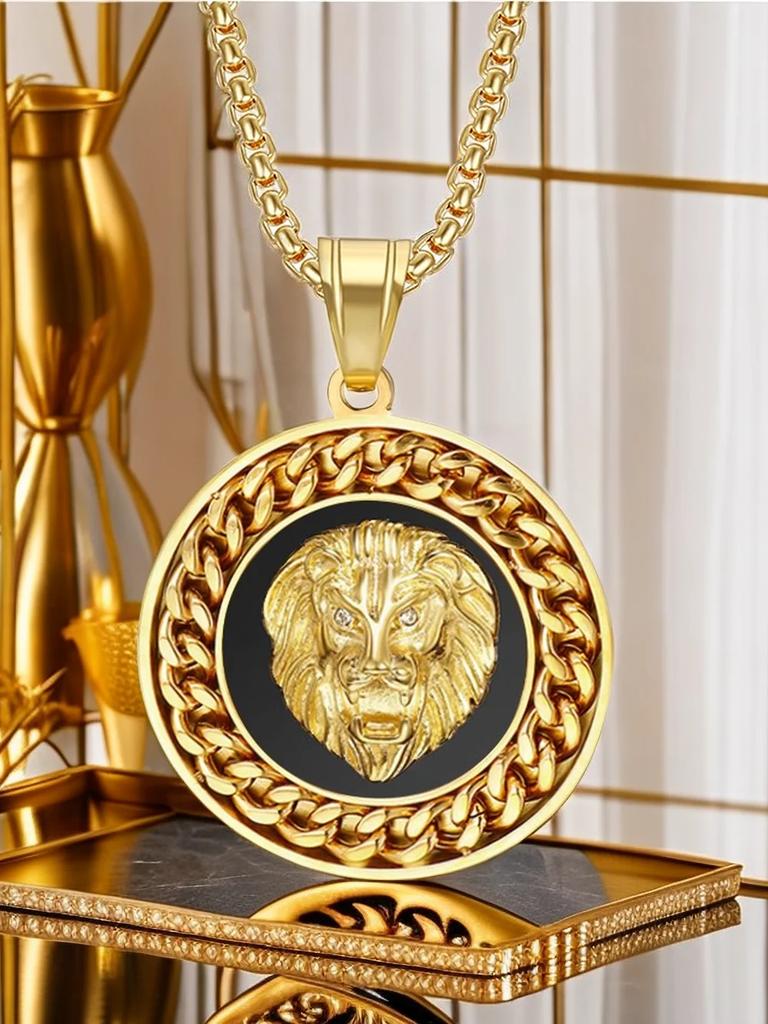 Hiphop Rock Lion Head Pendant With Chain Male Gold Color Stainless Steel Round Necklaces Pendant For Men Fashion Jewelry