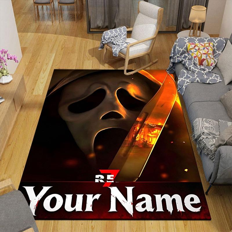 Custom 1Pc Scary Ghostface Horror Halloween Flannel Personalized Rug Non Slip Floor Mat Soft Carpet for Living Bedroom Office Home Decor Gift