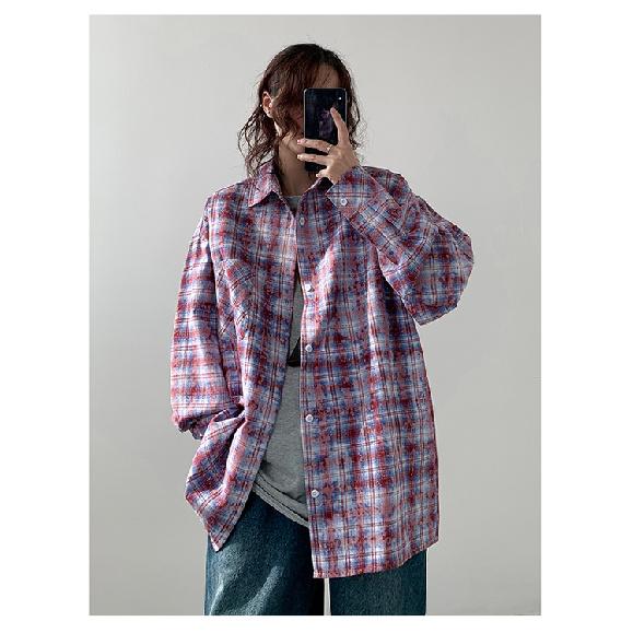 Blackbb Women's Tie-Dyed Plaid Shirt, 24 Spring and Autumn New Loose Casual Lazy Coat