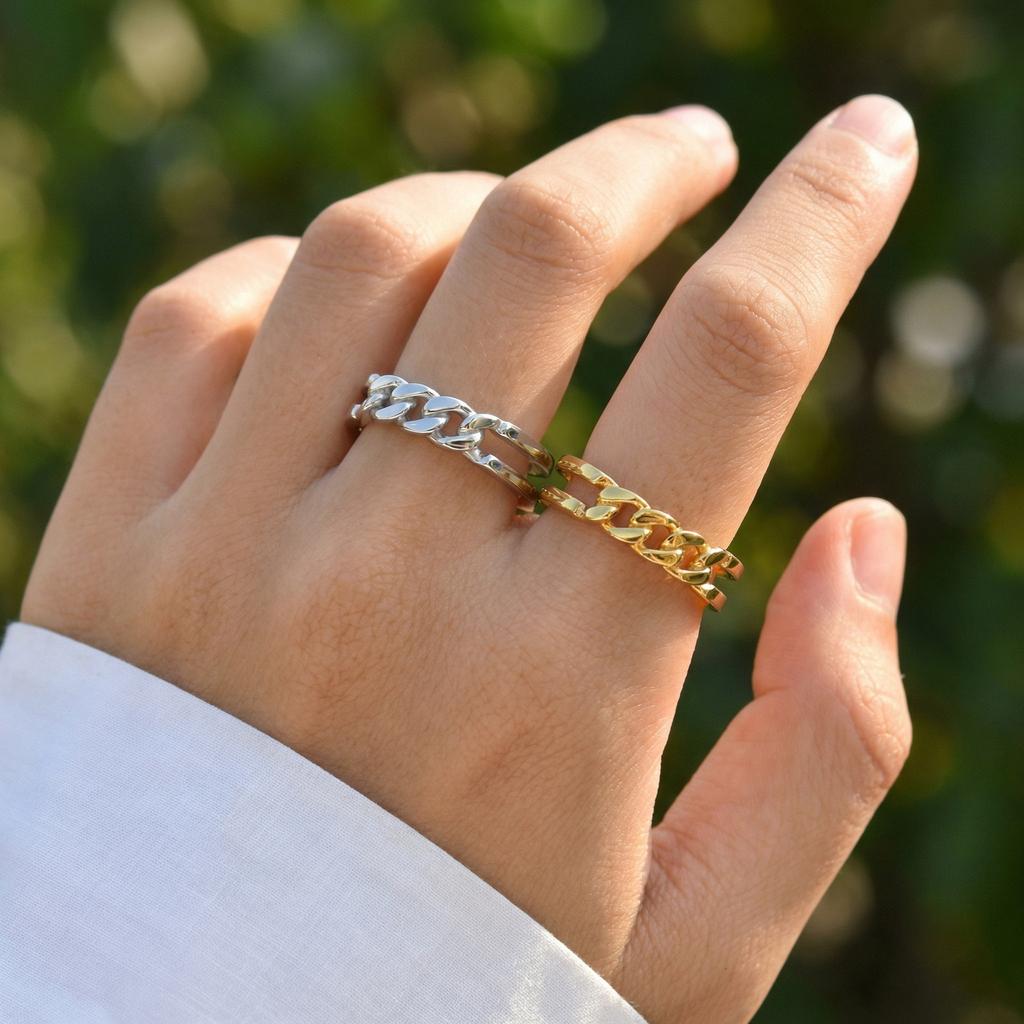 Chain Ring for Women Stainless Steel Double Layer Cuban Link Twist Geometric Rings Jewelry Waterproof