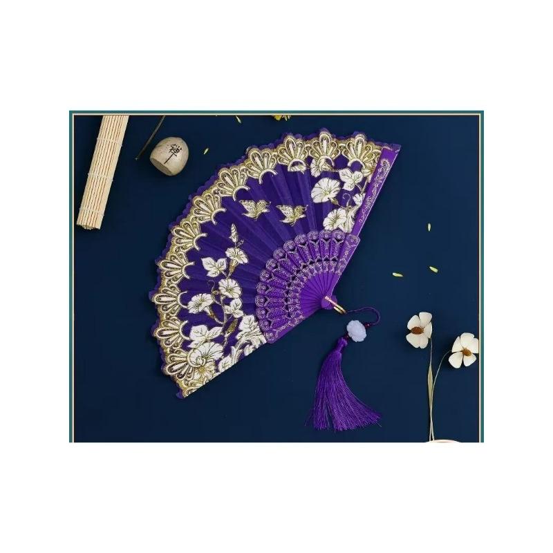 1Pc Chinese Ancient Style Flower Women Folding Fan with Tassel Fringe Hanfu Cheongsam Dance Fan Photo Props Summer Handheld Fan