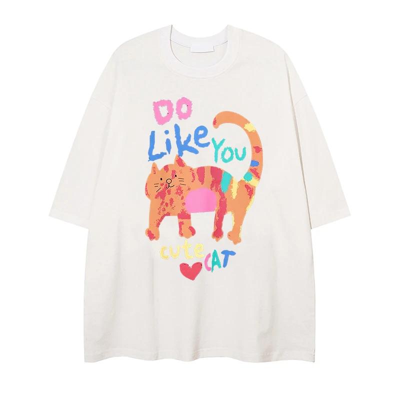 Y2k Tops Women Clothing T-shirt Women Kawaii Summer New Loose Solid Tees Cute Cat Casual Loose Female Oversized O Neck Tshirt