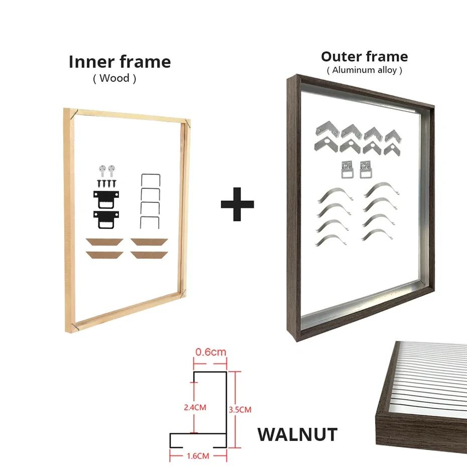 Customized DIY Frame Kit Gold Black Metal Aluminum Outer Frame and Wooden Inner Frame for Canvas Painting Gallery Home Decor