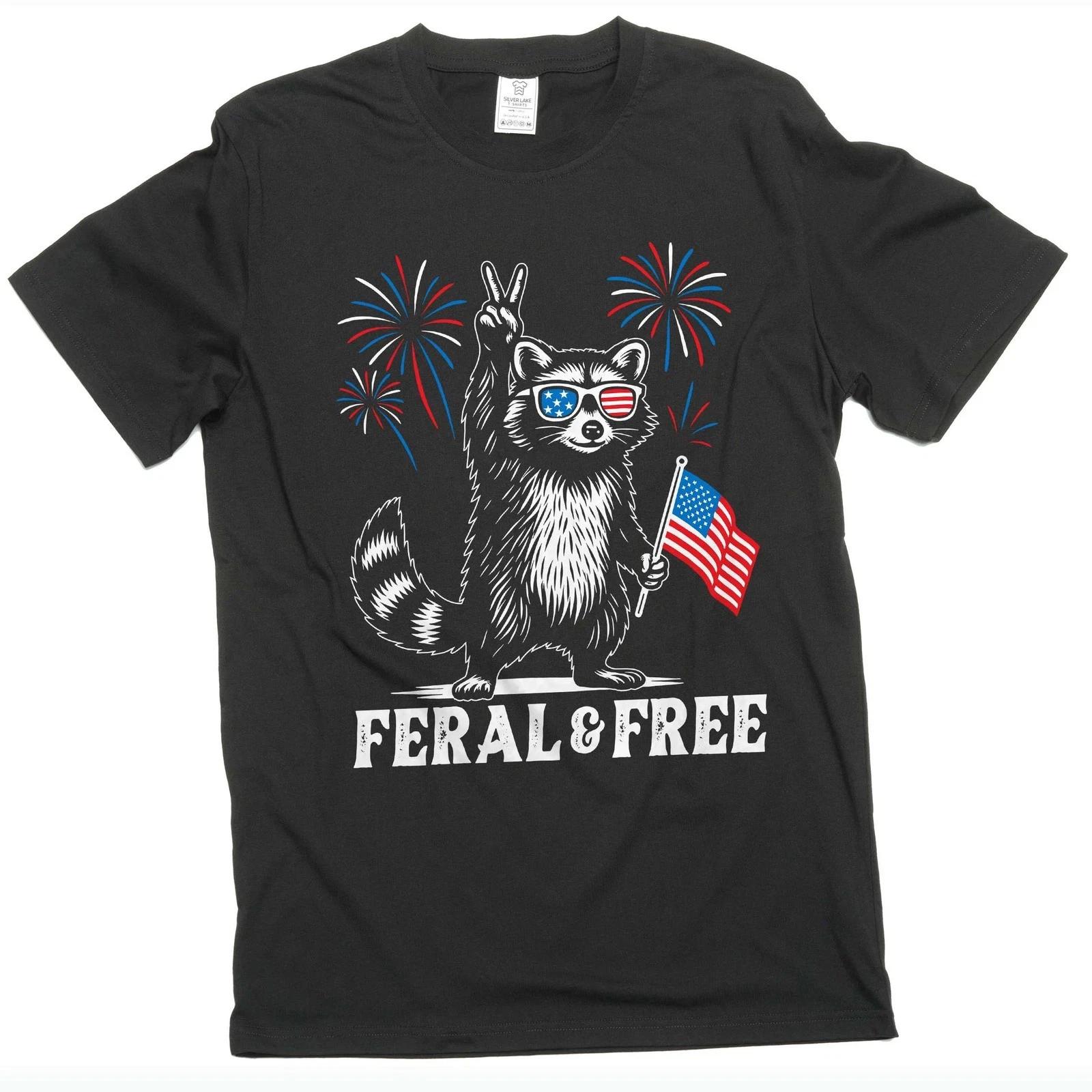 4th of July funny racoon feral and free T- Shirt free patriotic USA flag funny tee 2XL