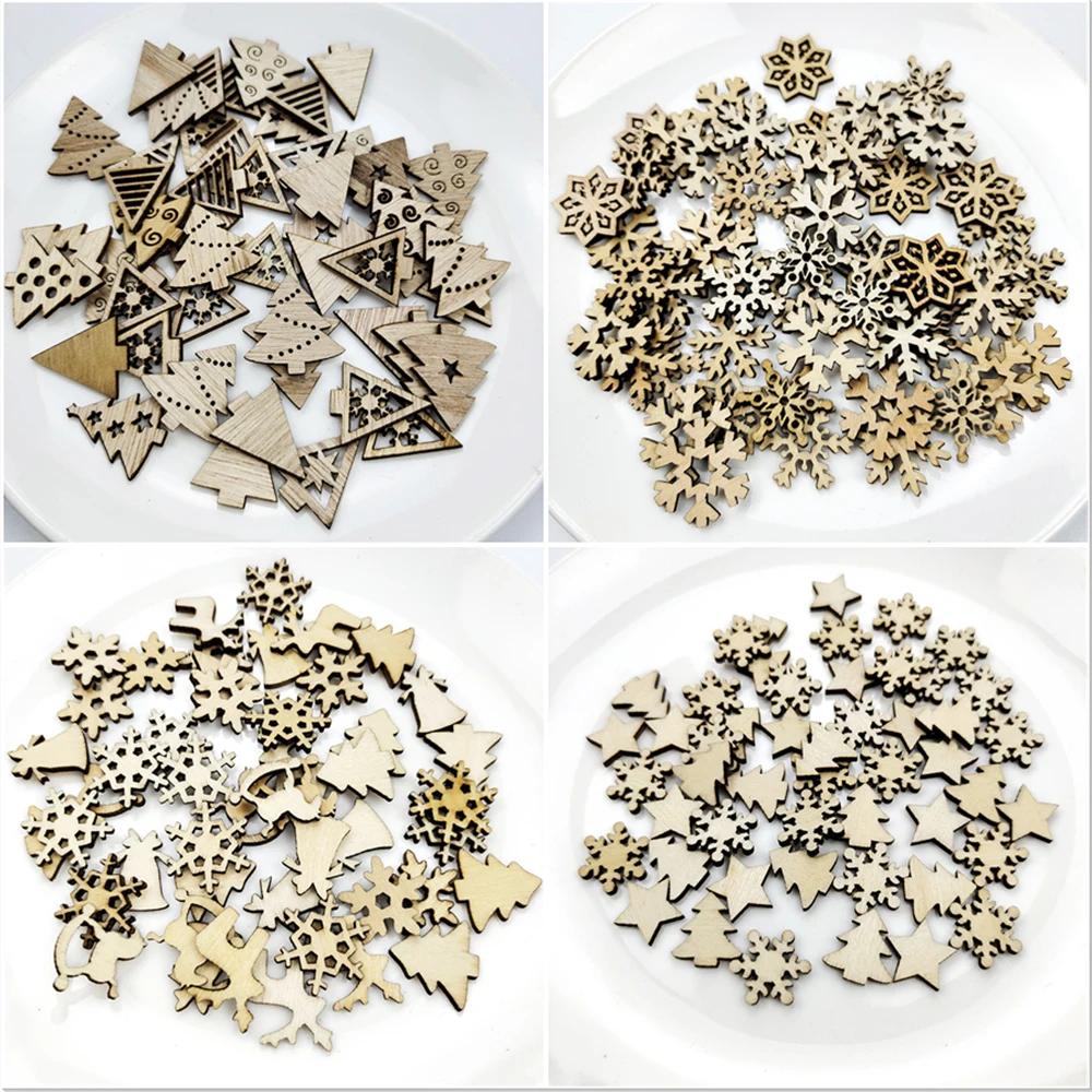 50Pcs Mixed Christmas Wood Chips Christmas Wooden Decoration Snowflake Chips Elk Xmax Tree Ornament Christmas Diy Craft Supplies