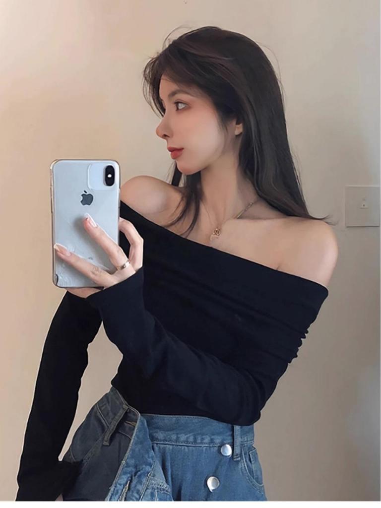 Women's One-Shoulder Slim Fit Long Sleeve T-Shirt - Sexy Cold-Weather Base Layer Top