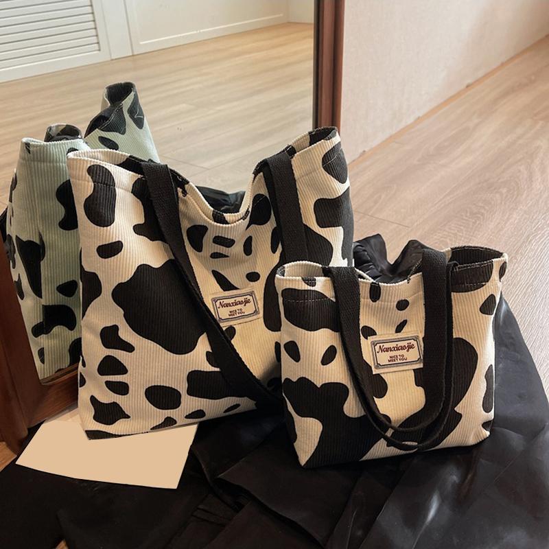 Fashion Large Capacity Cow Print Corduroy Tote Bag for Women Reusable Cute Commuter Shoulder Bag with Zipper, Foldable Shopping Bag