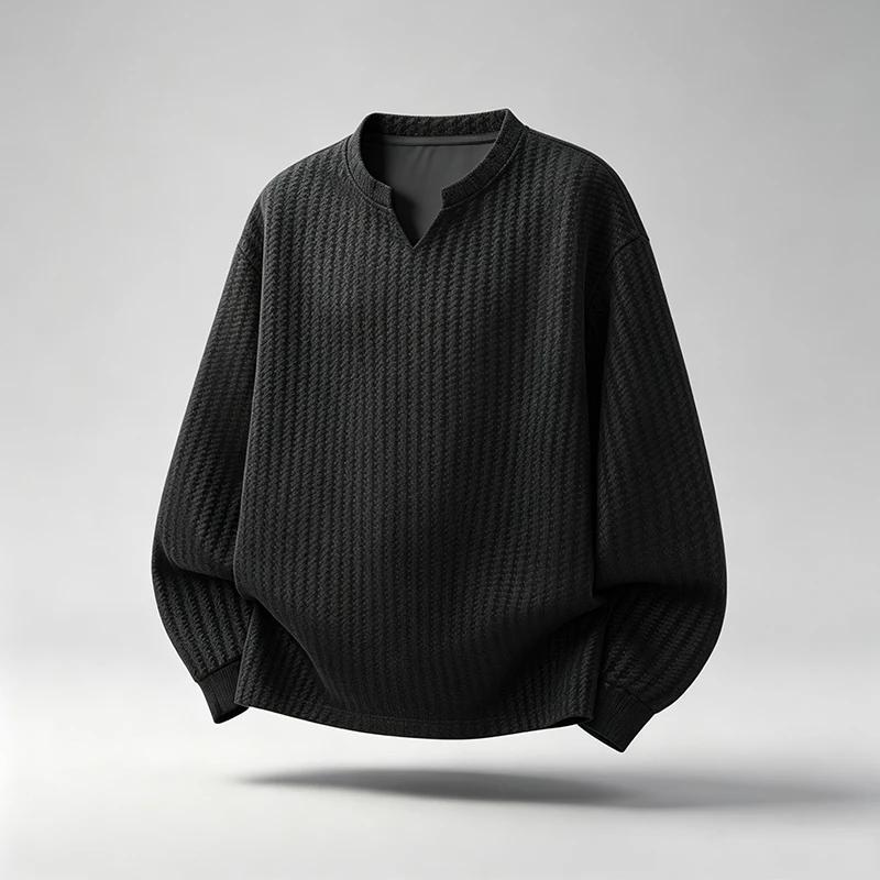 Men Textured Notch V Neck Long Sleeve Shirt Loose Fit Woven Fabric Casual Tops Retro Stripe Pattern Streetwear Daily Wear