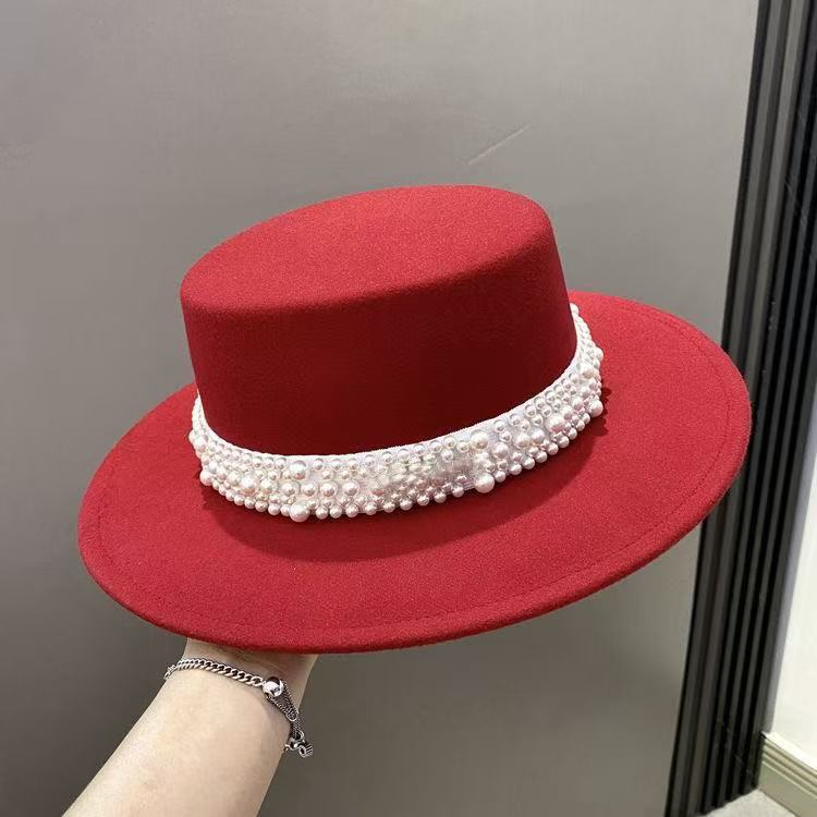 Celebrity Style Pearl Woolen Top Hat Female Autumn and Winter Elegant Fashion Retro Hepburn Style Flat Top Hat Autumn and Winter England