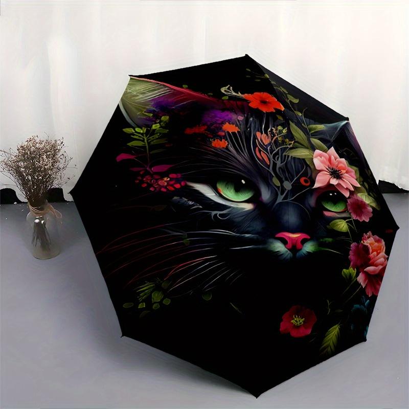 1pc Domineering BlackCat & Flowers Pattern Automatic 3-Fold Umbrella, 8 Iron Frames, High-Value Folding Umbrella, Suitable for Office, Trave