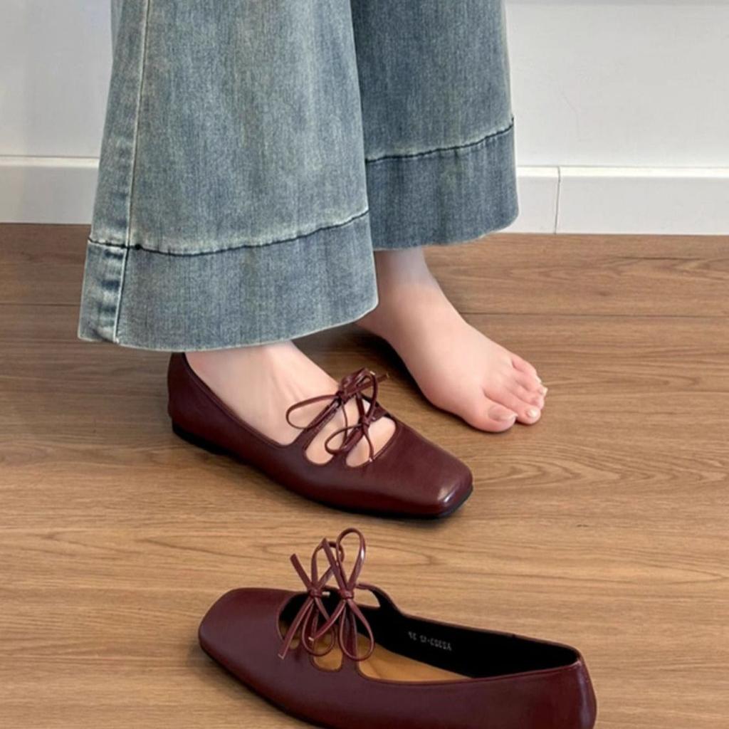2025 spring and summer new lace-up bow Mary Jane women's shoes French fashion versatile late evening wind light mouth single shoes