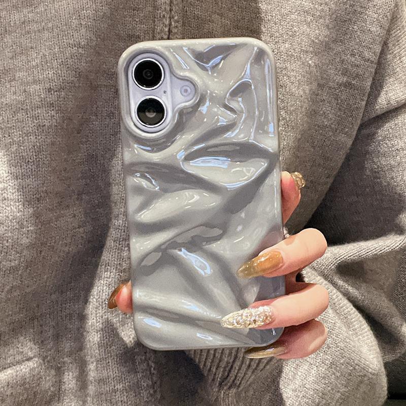 Simple Fashion Glossy Grey 3D Folds Texture Case For iPhone 16 Pro Max 15 13 12 11 14 Plus Shockproof TPU Phone Cover