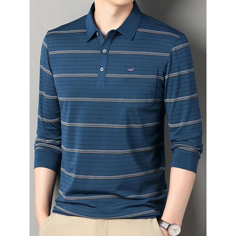 Striped Long-Sleeved Shirt Spring and Autumn Middle-Aged Men's T-shirt Loose Casual Dad Wear T-shirt Undershirt Top