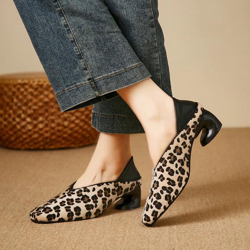 New Autumn Winter Leopard Print Single Shoes for Women with Thick Toe Plus Size High Heels Women Shoes