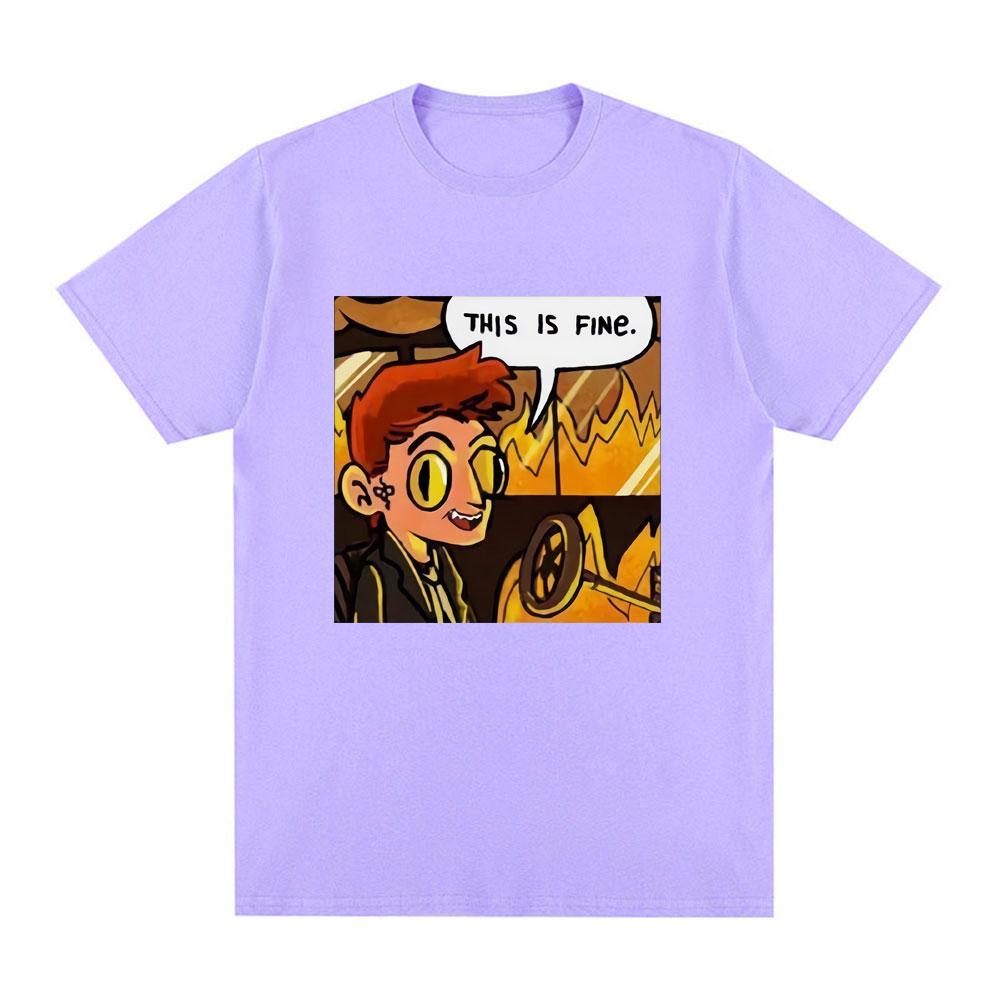 Good Omens This Is Fine Crowley Graphic T Shirt Men Fashion Vintage T Shirts Summer 100% Cotton Casual Cozy T-shirts Streetwears