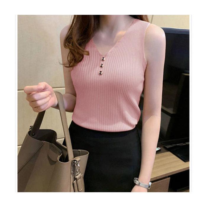

Women s Ice Silk V-Neck Knitted Camisole: Korean Style Sleeveless Outer & Inner Wear for Summer One size