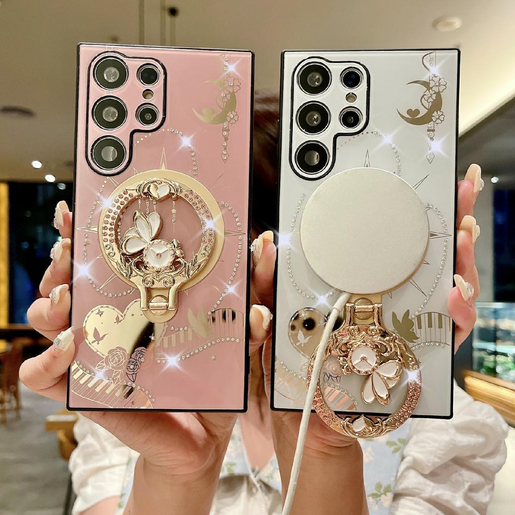 For Samsung Galaxy S24 Ultra Magnetic Case Kickstand TPU+PC Rhinestones Decor Phone Cover