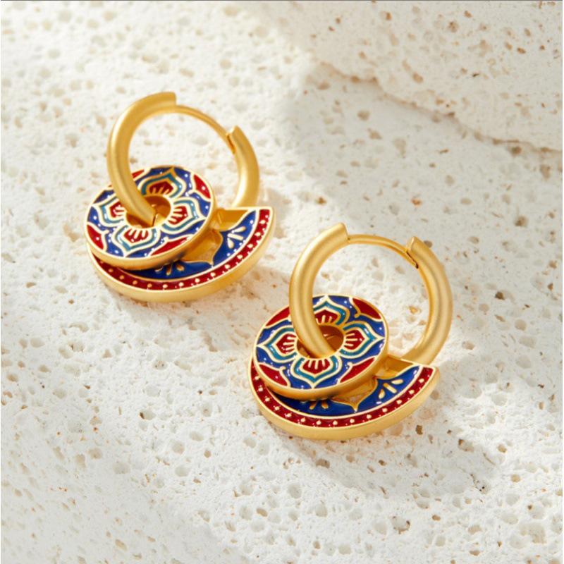 Niche retro color enamel oil drop earrings, ear buckles, light luxury, high-end sense, new Chinese contrast earrings, medieval stud earrings