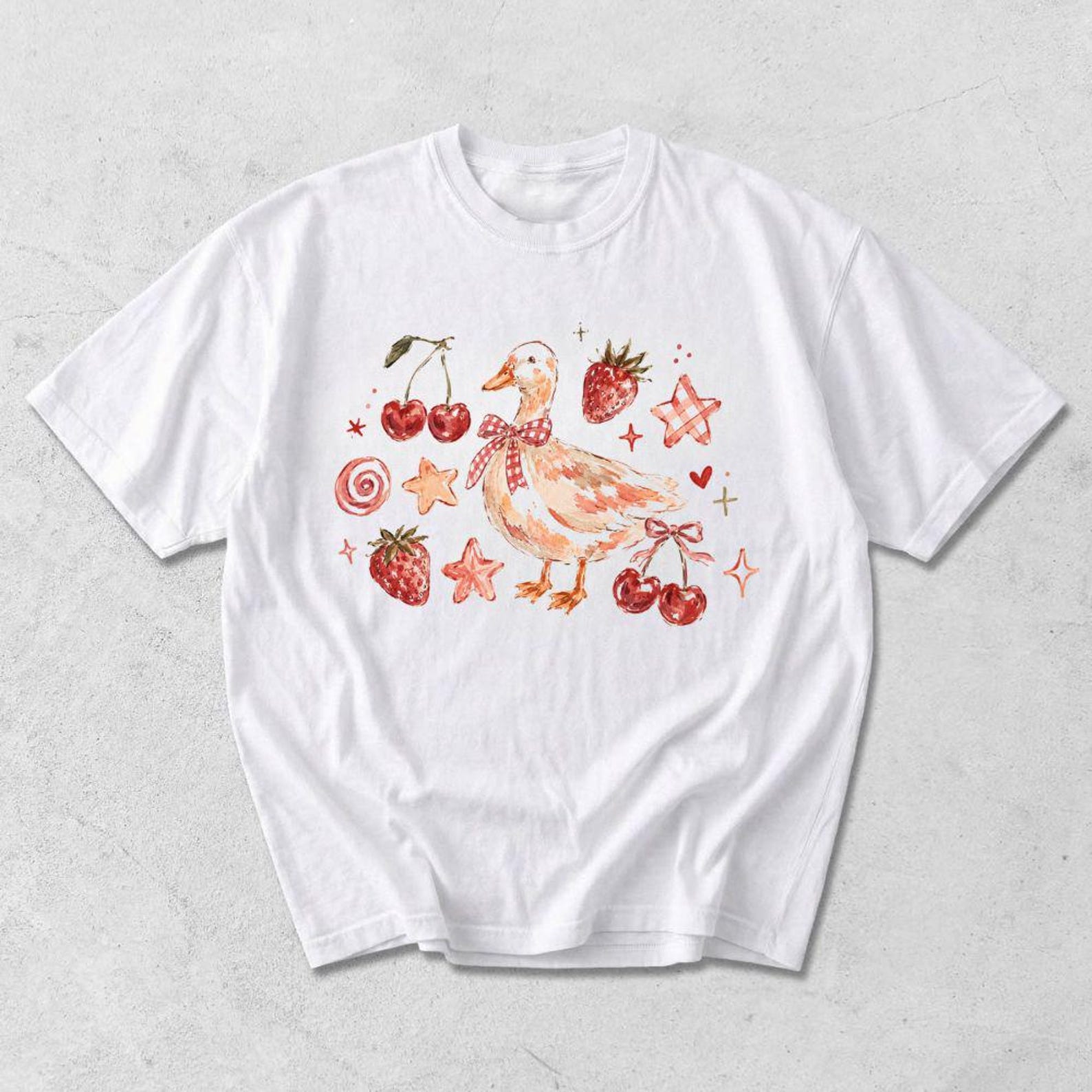 iCoquette Duck T-Shirt | Cottagecore Watercolor Duck Tee | Whimsical Strawberry and Cherry Shirt | Red Bow Aesthetic Graphic To 3XL