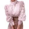 Women Chiffon Button Turtleneck Shirt Chic Elegant Floral Lace Fluffy Long Sleeve Top Fashion Hollow Oversize White Blouse