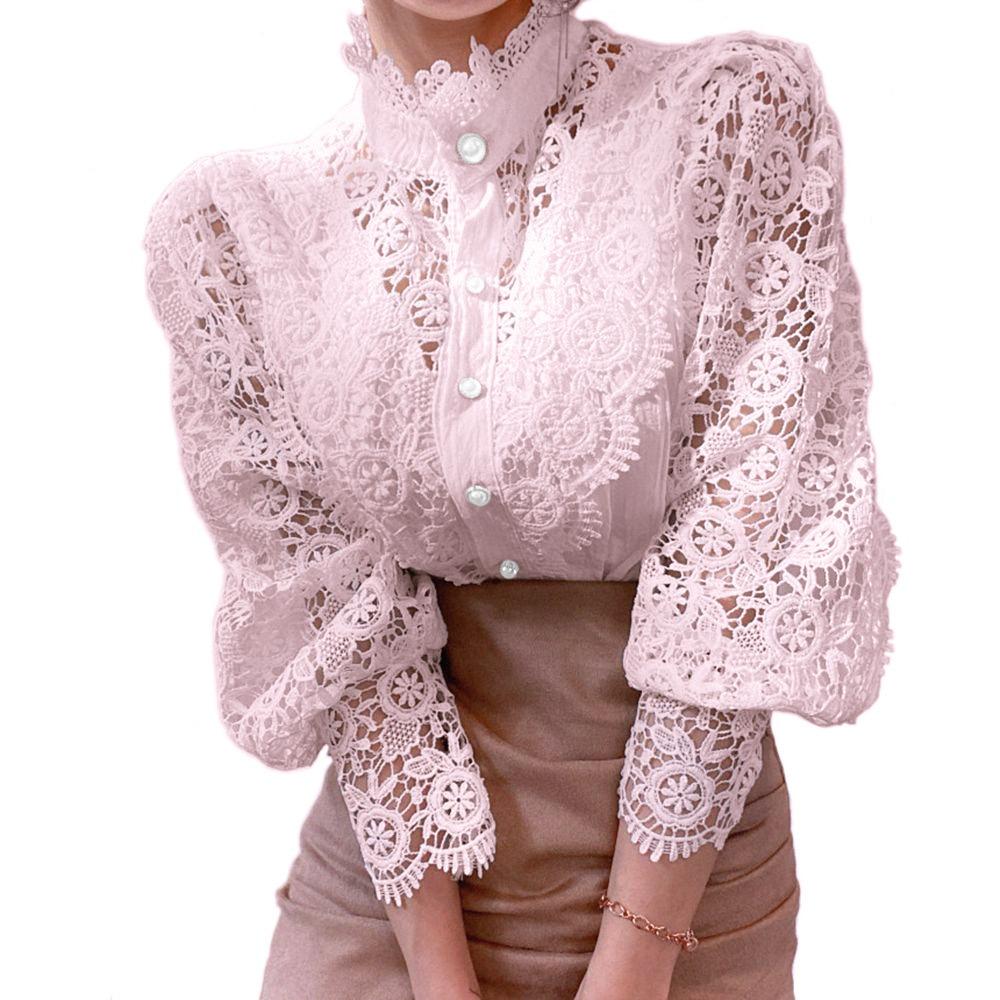 Women Chiffon Button Turtleneck Shirt Chic Elegant Floral Lace Fluffy Long Sleeve Top Fashion Hollow Oversize White Blouse