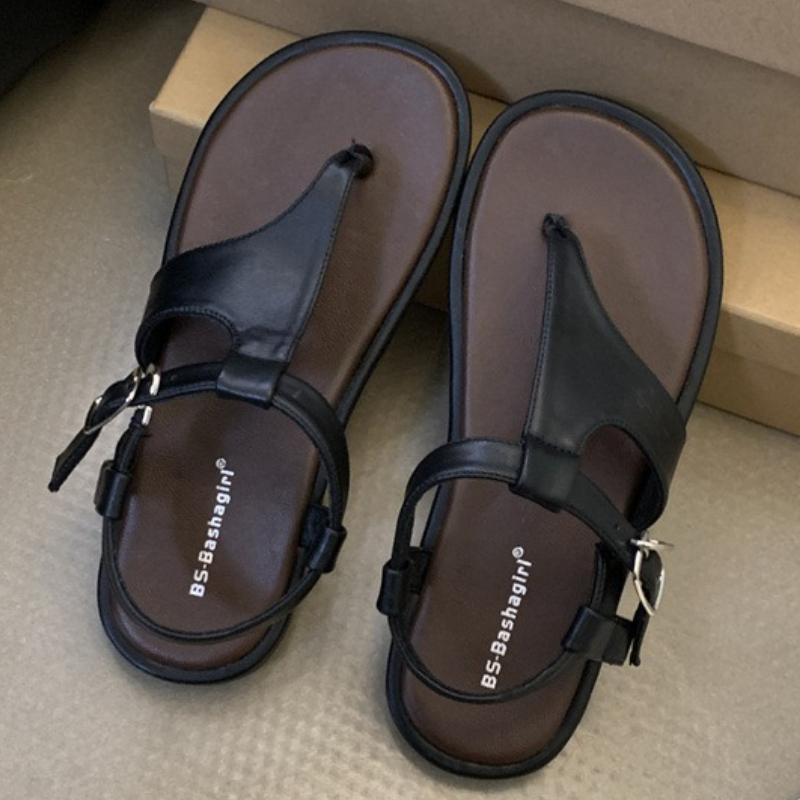 Fashion Round Toe Narrow Band Flat Sandals Women Clip Toe Hollow Buckle Flip-flops Summer Fashion Comfort Non-slip Vacation Beach Shoes